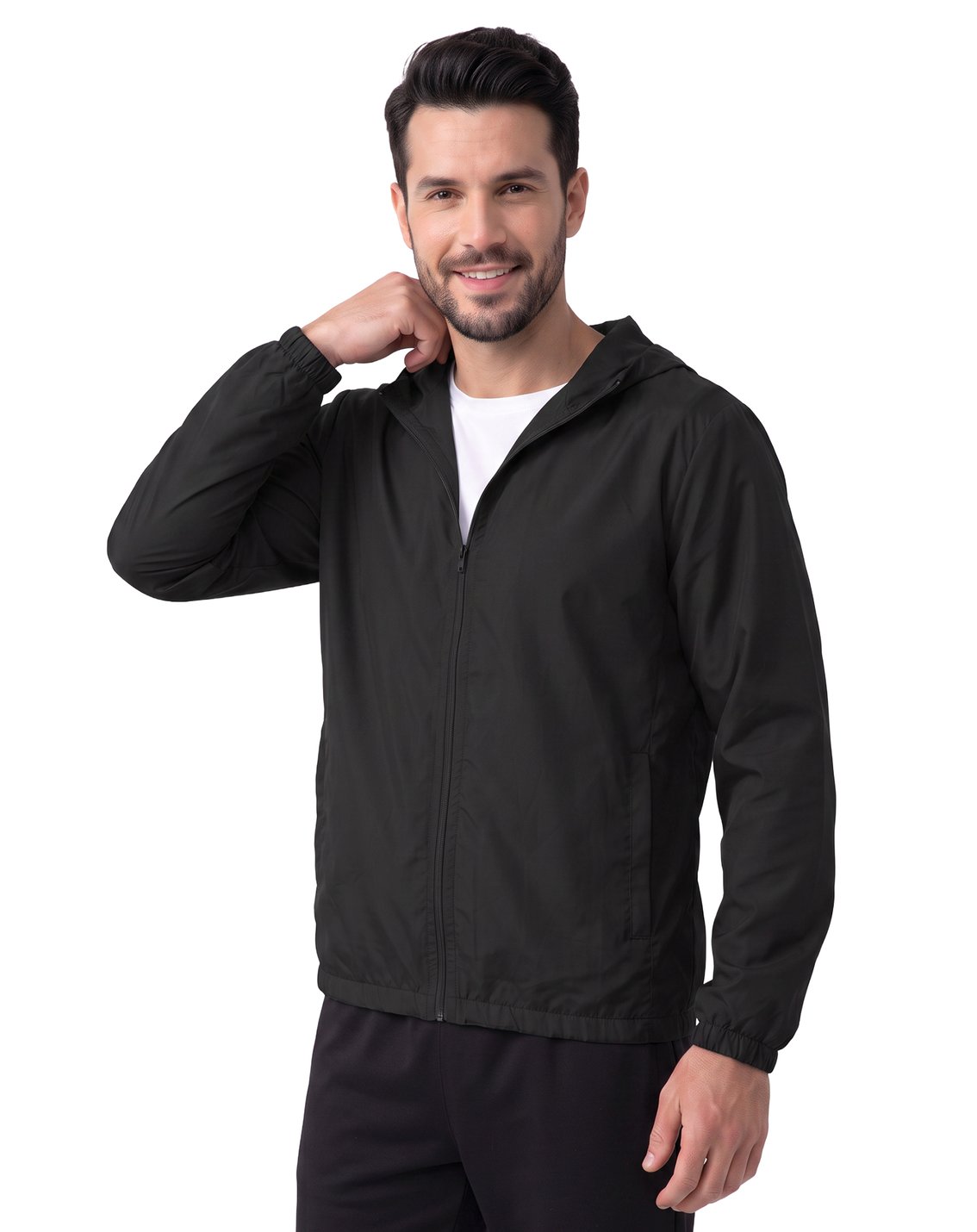 Men's Hooded Windbreaker Jacket Black - worn by model